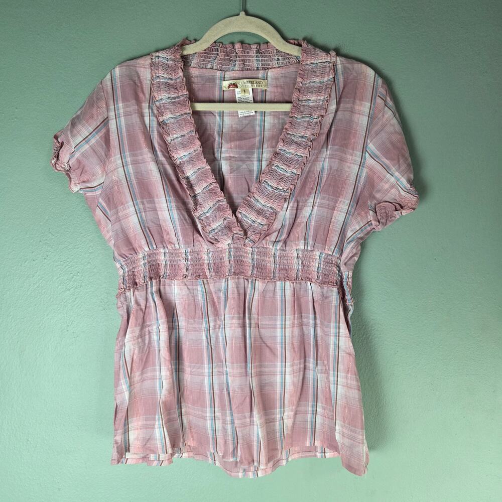 Cumberland Outfitters Womens Pink V-Neck Plaid Metallic SS Blouse Top Size Large